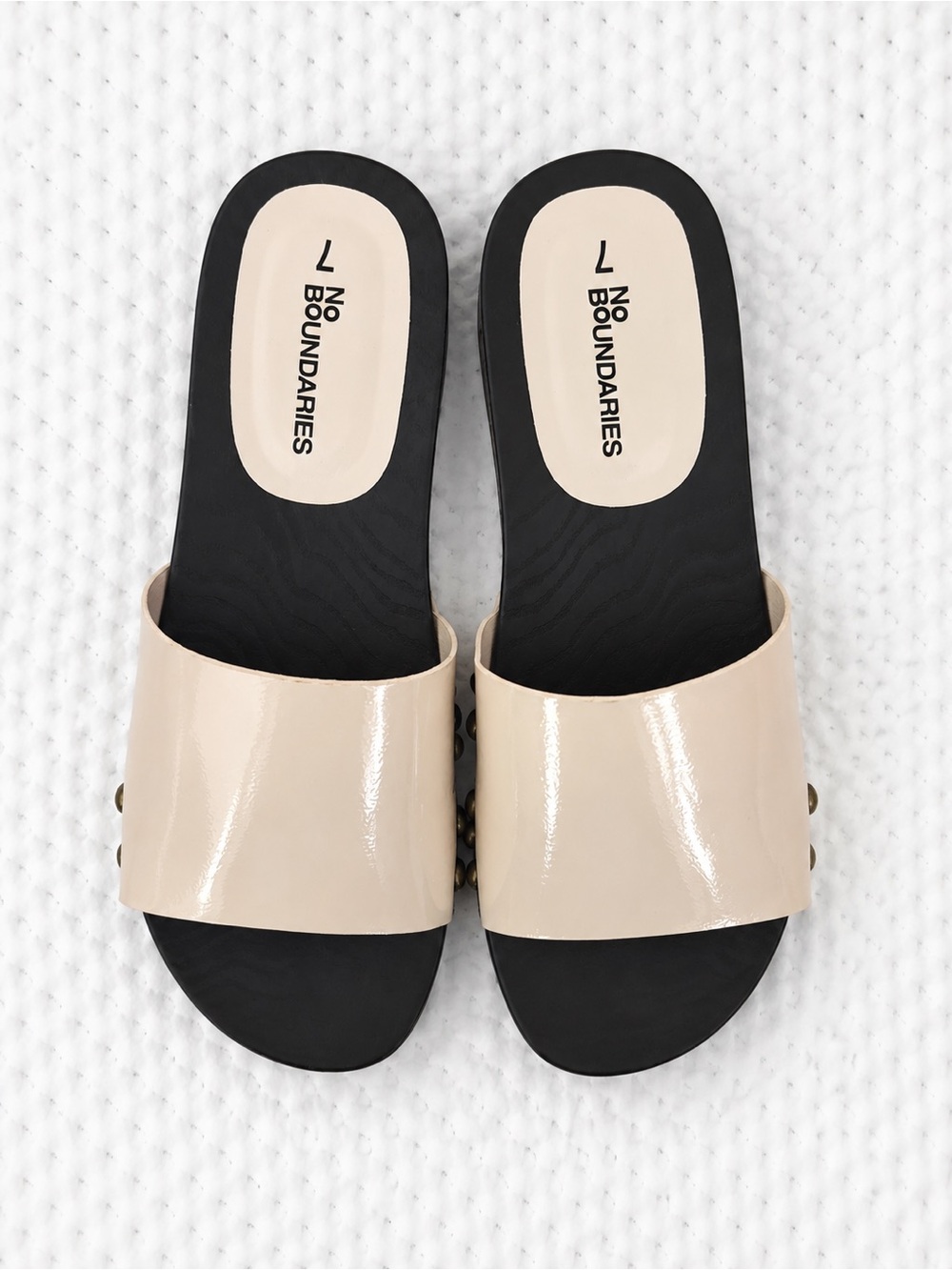 No Boundaries Beige Patent Slide Mules with Black Footbed